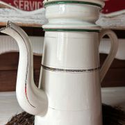 Antica caffettiera smaltata francese con bordi dorati e verdi-3 pezzi