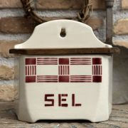 Antico porta sale francese in ceramica con coperchio in legno