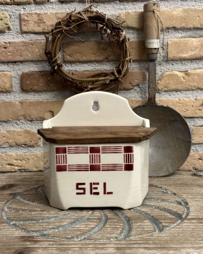 Antico porta sale francese in ceramica con coperchio in legno