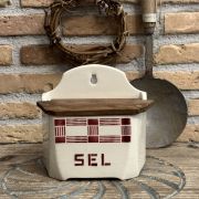 Antico porta sale francese in ceramica con coperchio in legno